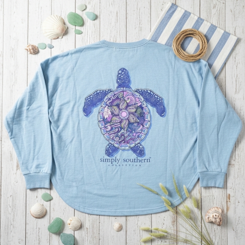 Simply Southern Boho Floral Turtle Pullover Light Teal Large